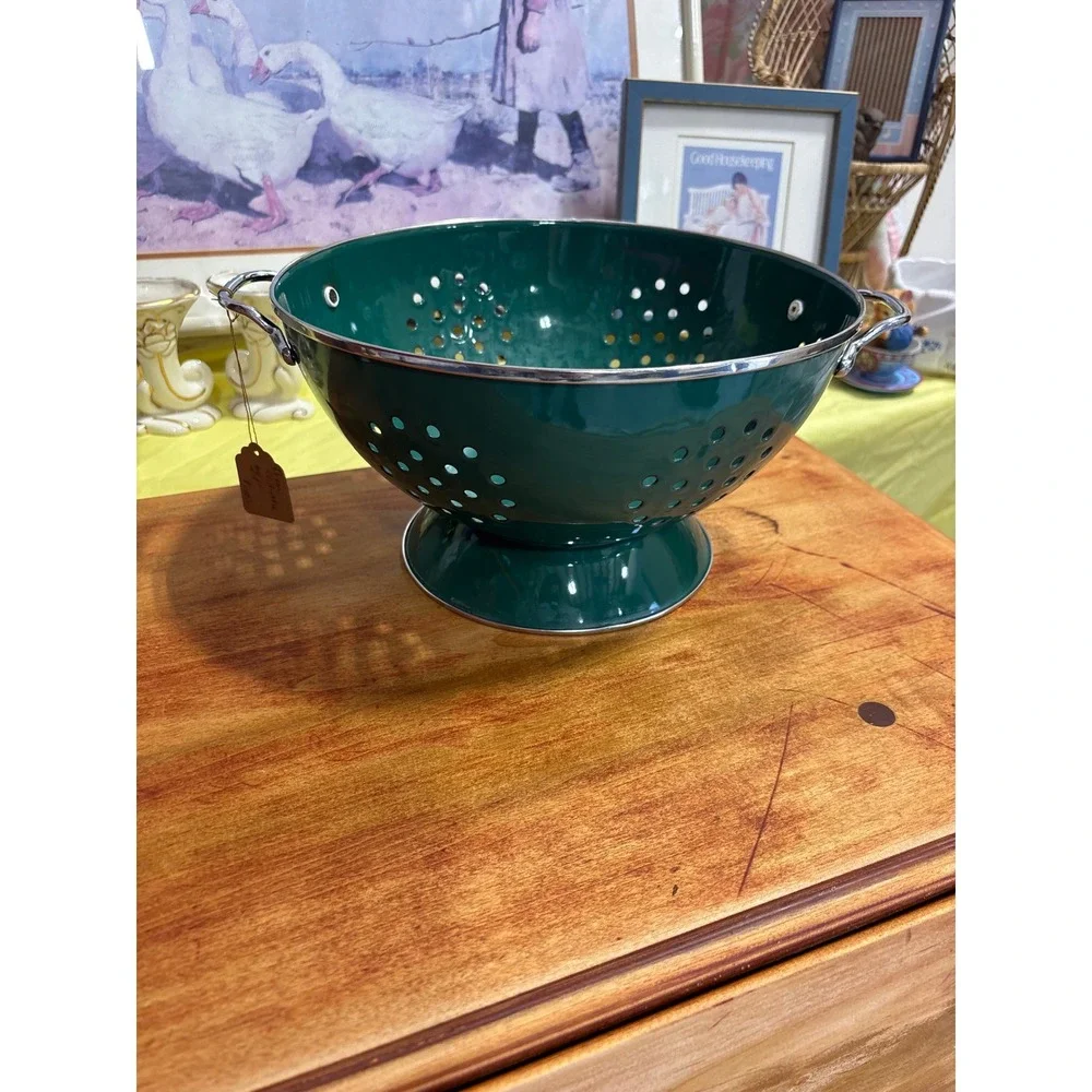 Hunter Green Enamel Colander Footed Metal Strainer with Chrome Handles 10 Inch